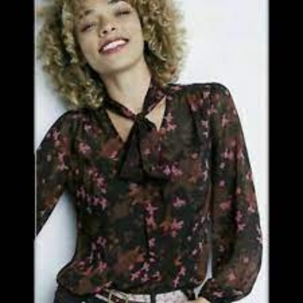 CAbi Floral Print Neck Tie Blouse